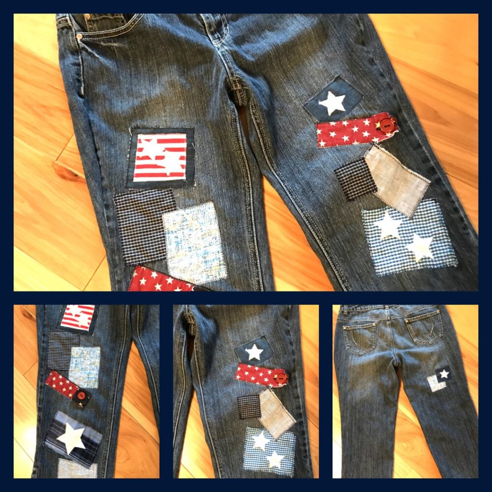 Upcycled Patchwork Capris Denim Shorts, Patriotic Star Patches, Size 10 Petite - Picture 12 of 13